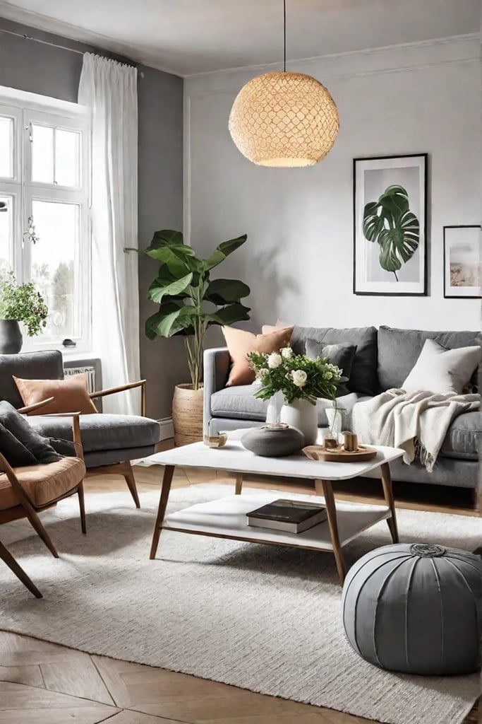 A Scandinavianinspired living room with a plush neutraltoned rug a cozy throw