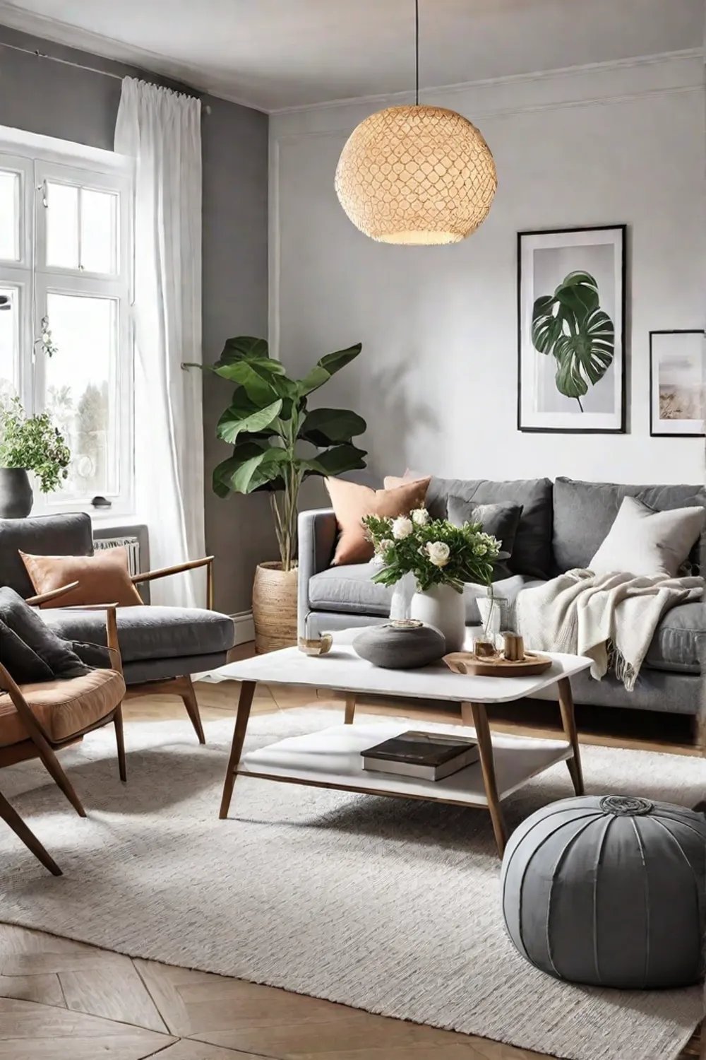 A Scandinavianinspired living room with a plush neutraltoned rug a cozy throw