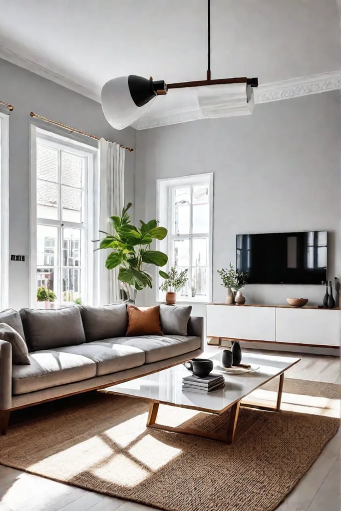 A Scandinavianstyle living room with large windows allowing natural light to flood