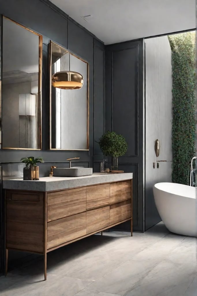 A bathroom featuring a mix of eclectic framed art pieces including abstract