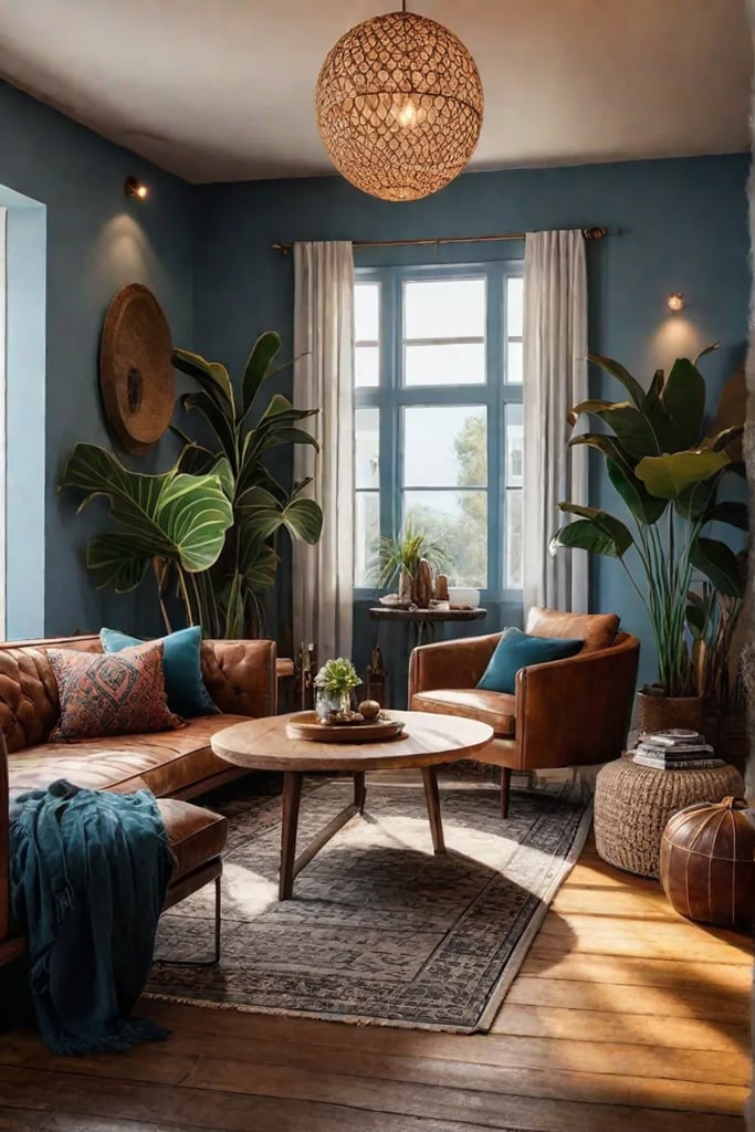 A bohemianinspired living room with eclectic decor including textured rugs colorful throw