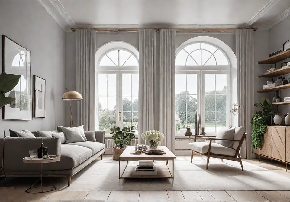 A bright airy Scandinavian living room with large windows natural light andfeat