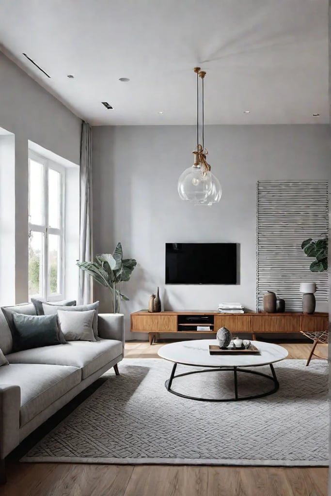 A bright and airy Scandinavian living room with large windows white walls