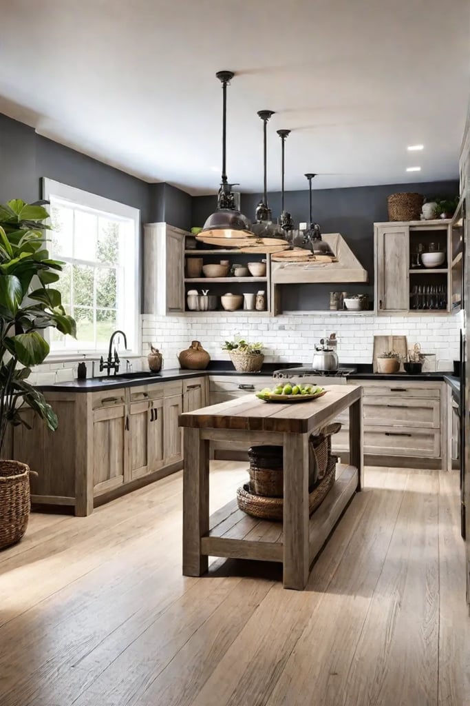 A bright and airy farmhousestyle kitchen featuring whitewashed wood cabinets open shelving