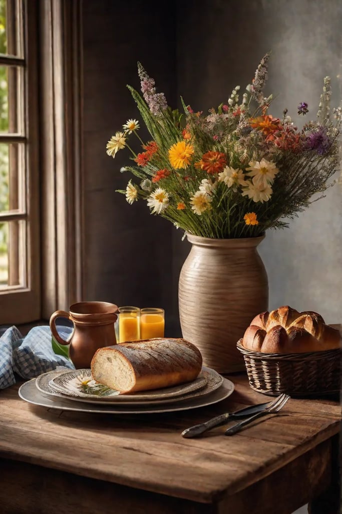 A charming wooden table set with a checkered tablecloth a vase of