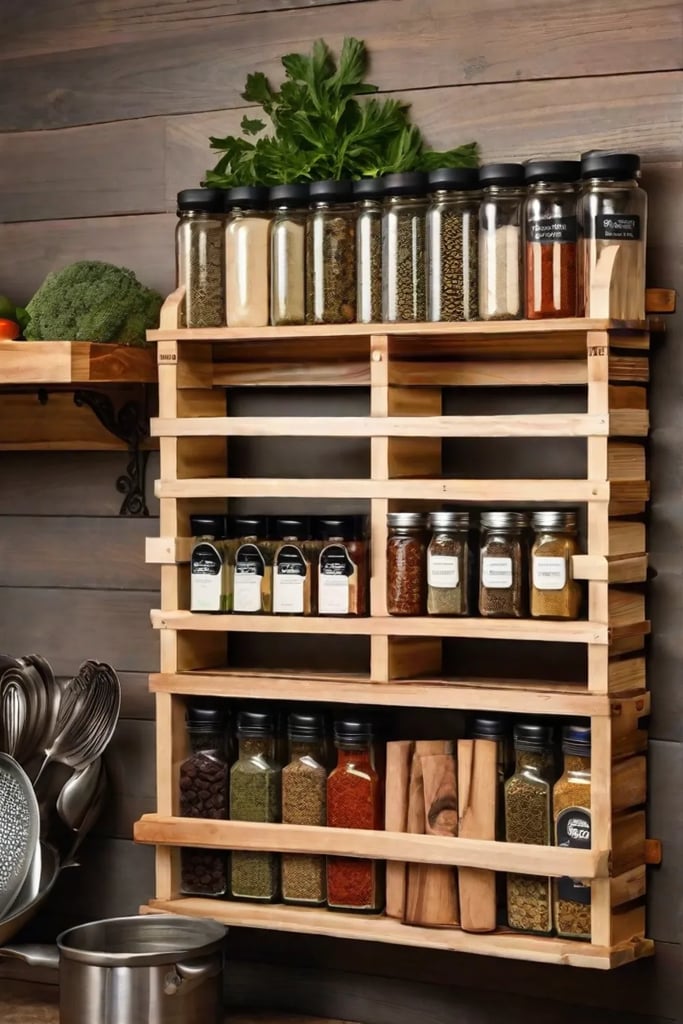 A closeup of a DIY spice rack made from repurposed wooden pallets