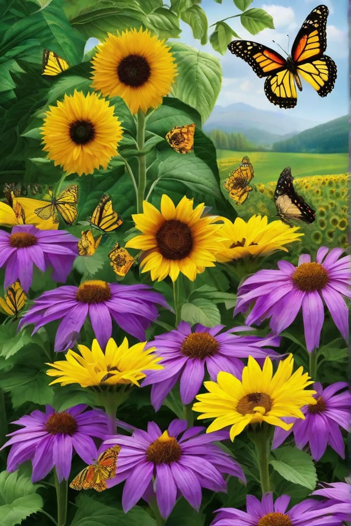 A closeup of vibrant purple and yellow flowers including salvia and sunflowers_resized