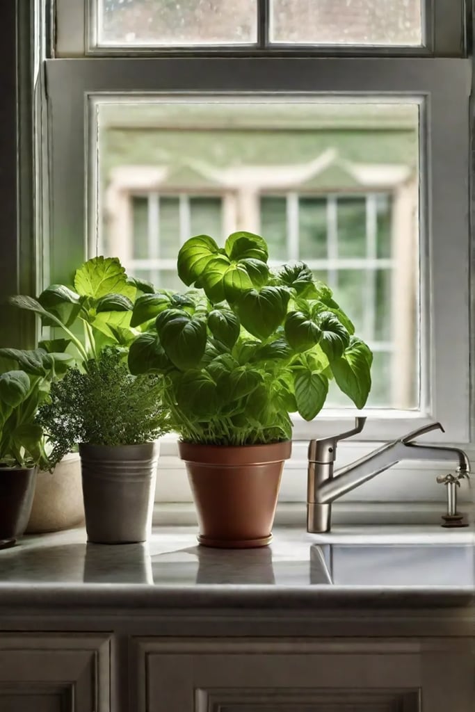 A cluster of potted fresh herbs like basil and mint on a