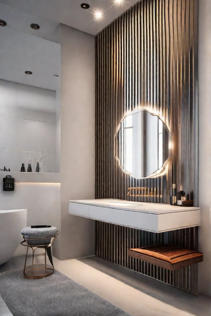 A collection of shiny chrome bathroom accessories including a soap dispenser tumbler