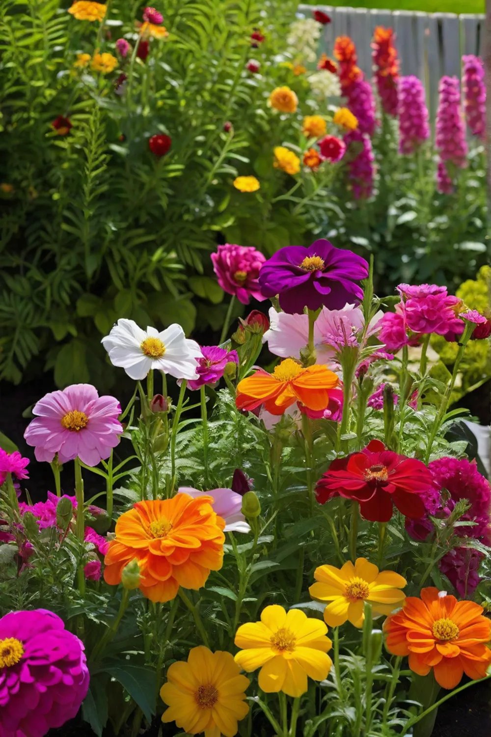 A colorful display of zinnias cosmos and snapdragons in a sunny garden_resized