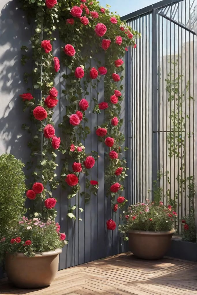 A compact vertical garden featuring climbing roses and morning glories on a_resized