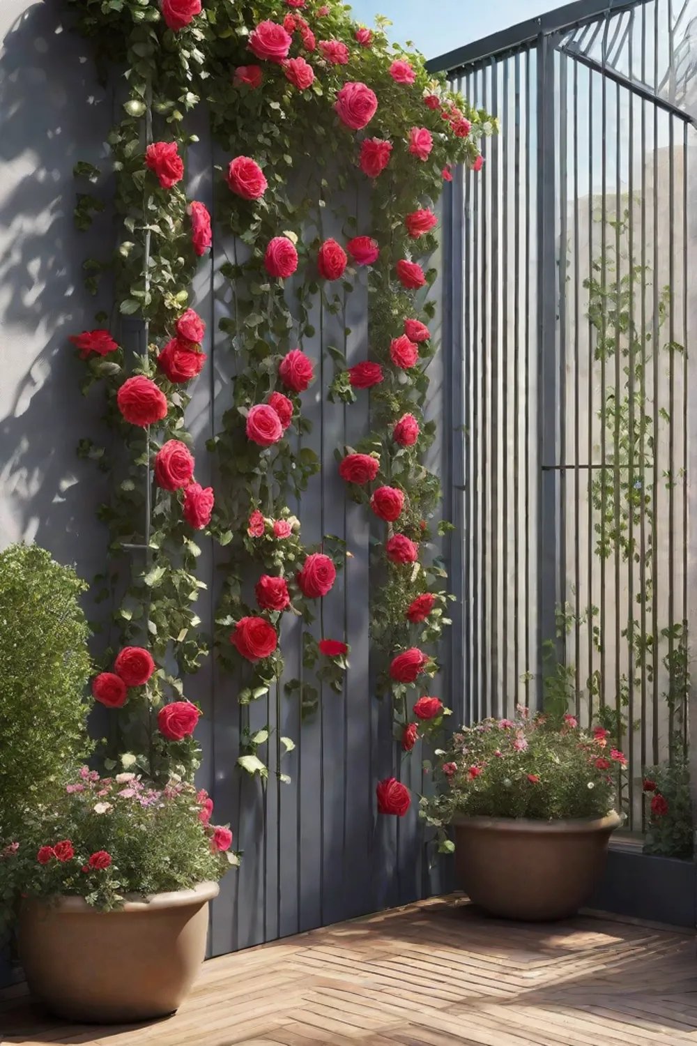 A compact vertical garden featuring climbing roses and morning glories on a_resized