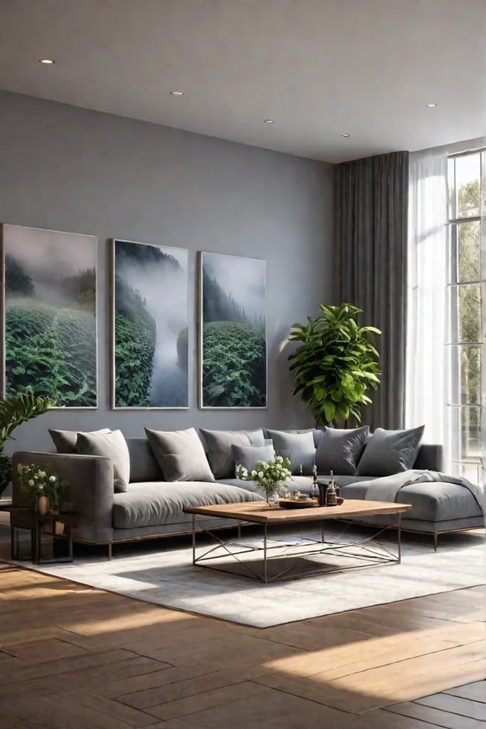 A contemporary living room with a biophilic design featuring a living plant