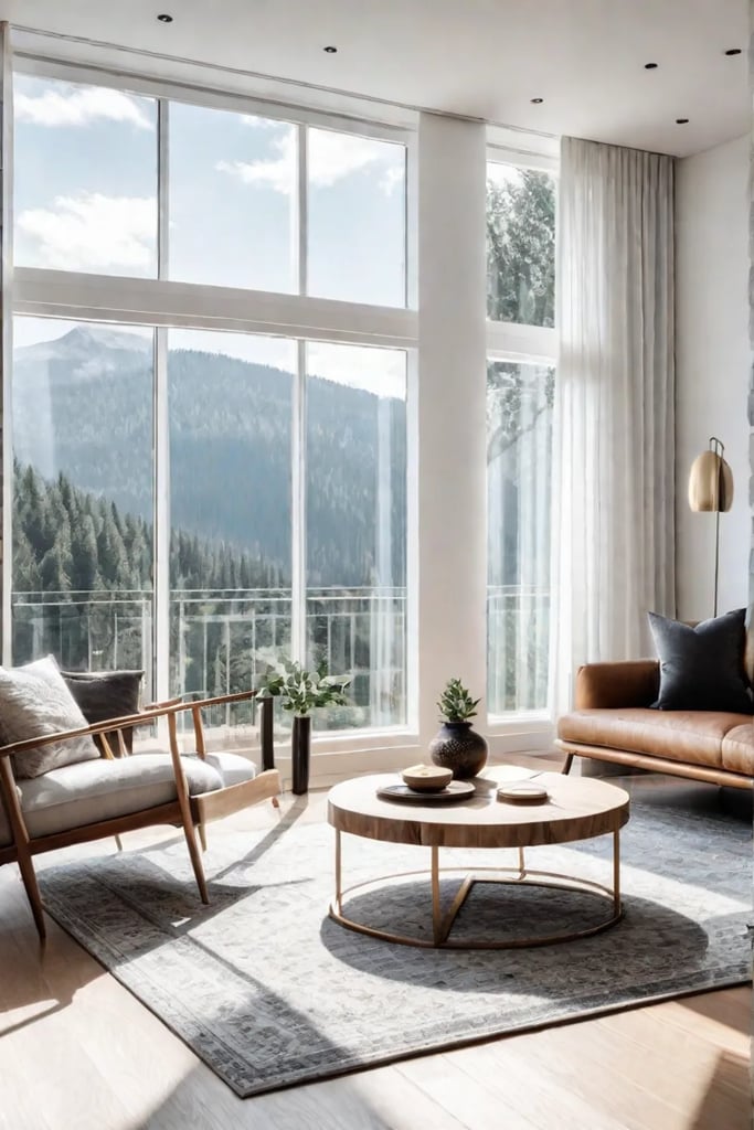 A cozy and bright Scandinavianstyle living room with white sofas wooden coffee