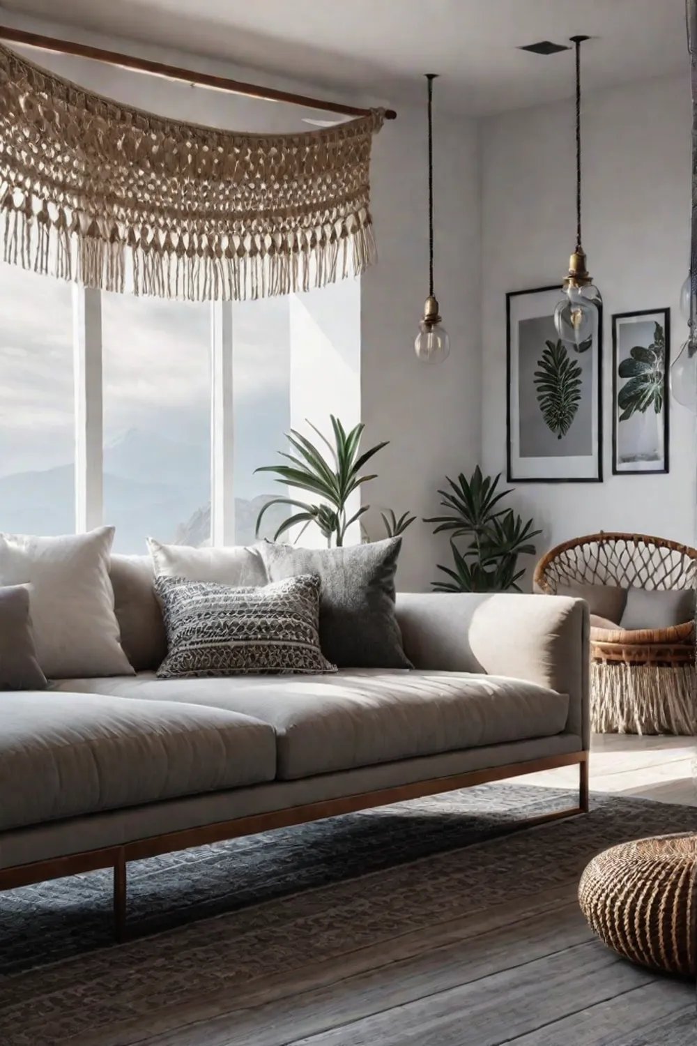 A cozy and eclectic living room with a mix of wall hangings