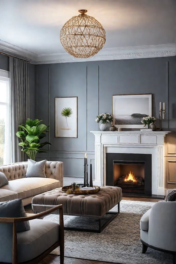 A cozy and inviting living room centered around a fireplace with comfortable