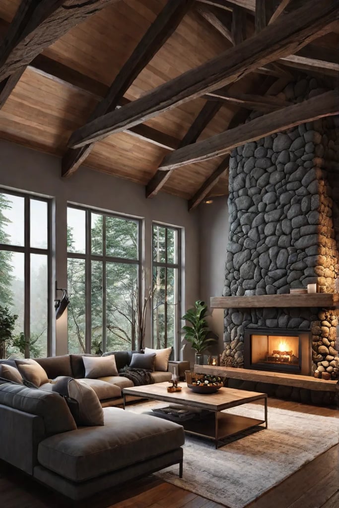 A cozy and rustic living room with natural elements like a stone