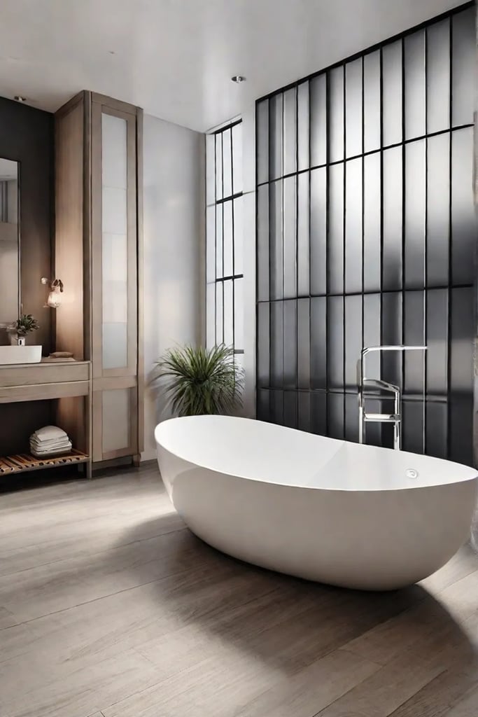 A cozy bathroom space displaying a series of small framed blackandwhite prints