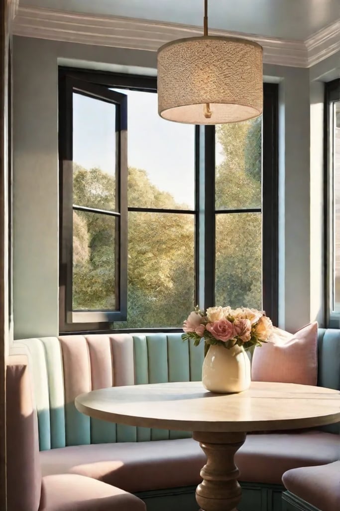 A cozy breakfast nook featuring a builtin bench with storage underneath a