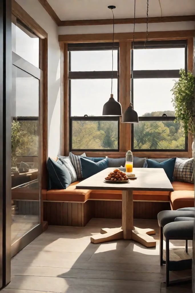 A cozy breakfast nook with a builtin bench piled high with cushions