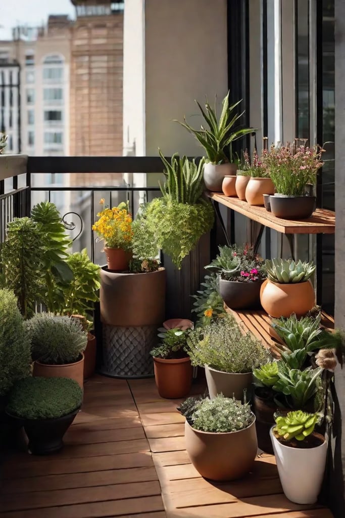 A cozy container garden on an urban balcony filled with a variety_resized