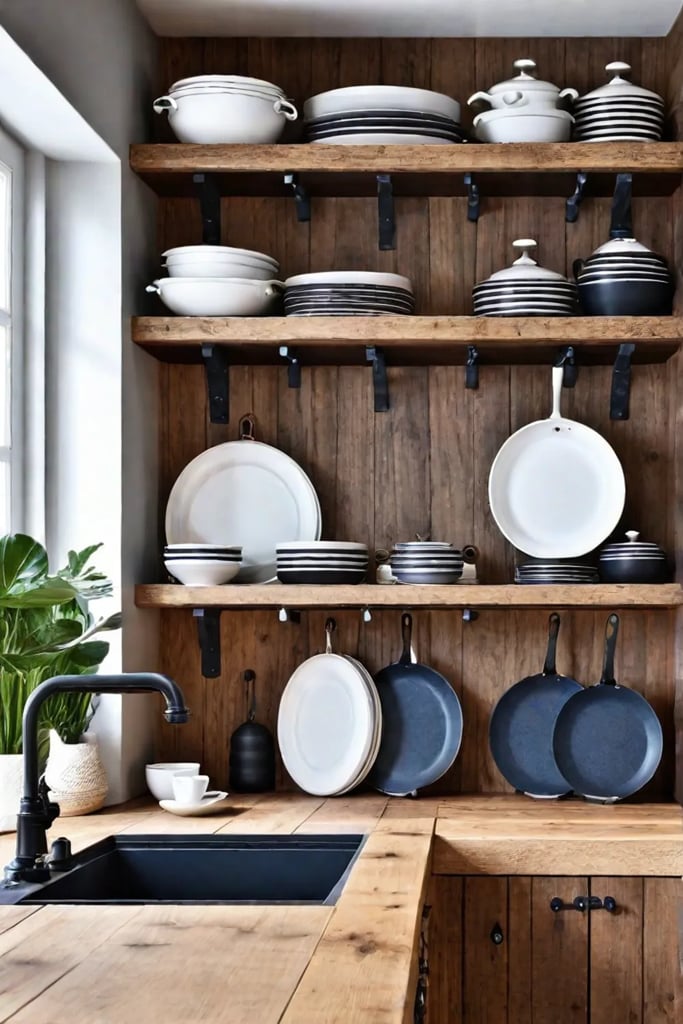 A cozy farmhousestyle kitchen with open shelving and rustic handcrafted brackets displaying