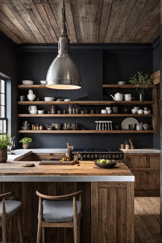 A cozy farmhousestyle kitchen with reclaimed wood cabinets exposed beams and a