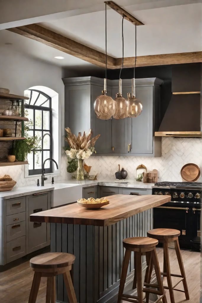A cozy kitchen corner under soft warm pendant lighting that illuminates a
