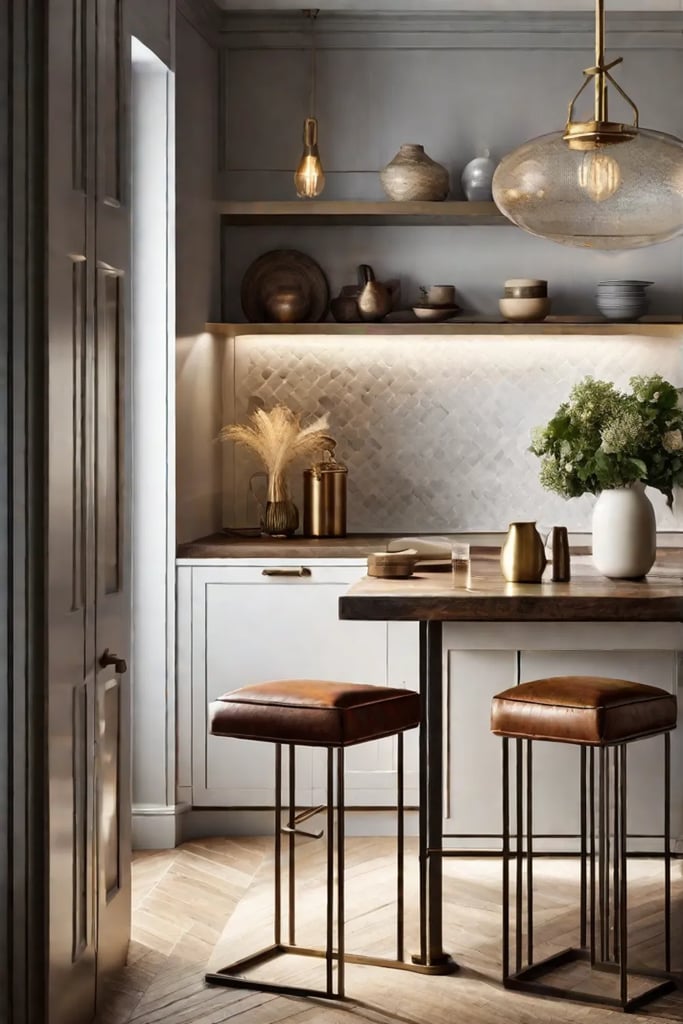 A cozy kitchen nook featuring a combination of brass fixtures leather bar