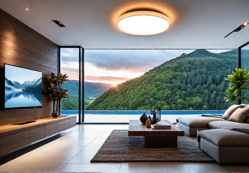 A cozy living room with a statement light fixture hanging from thefeat