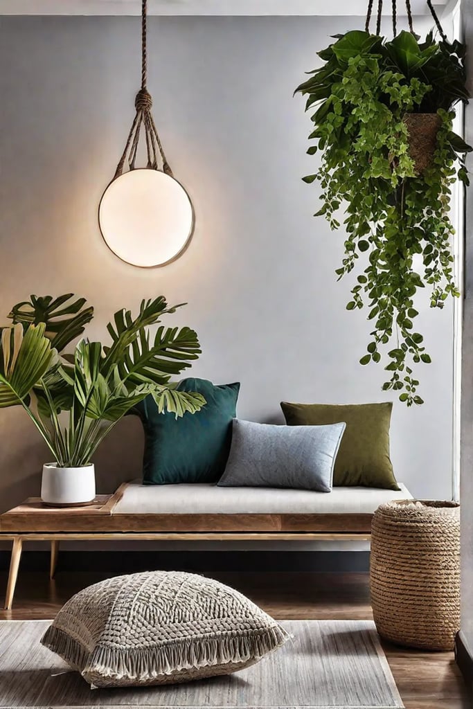 A cozy living room with a wall featuring a mix of hanging