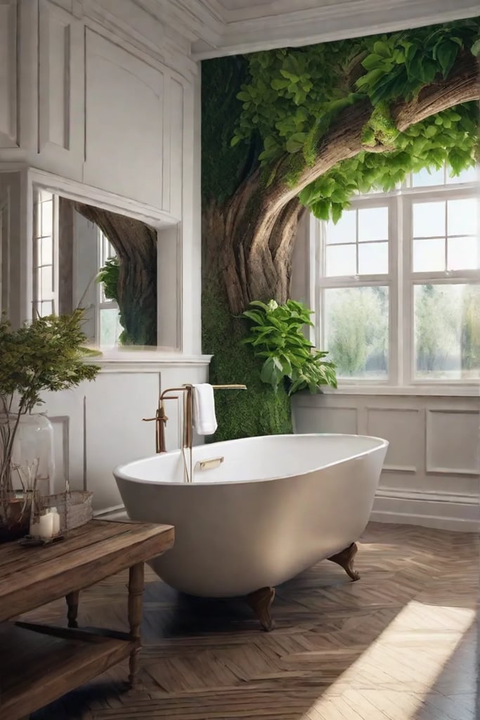 A creative mural of a sprawling tree with a textured trunk and