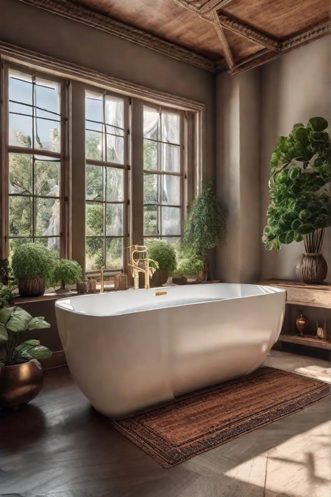 A creatively styled bathroom shelf adorned with small potted plants a framed