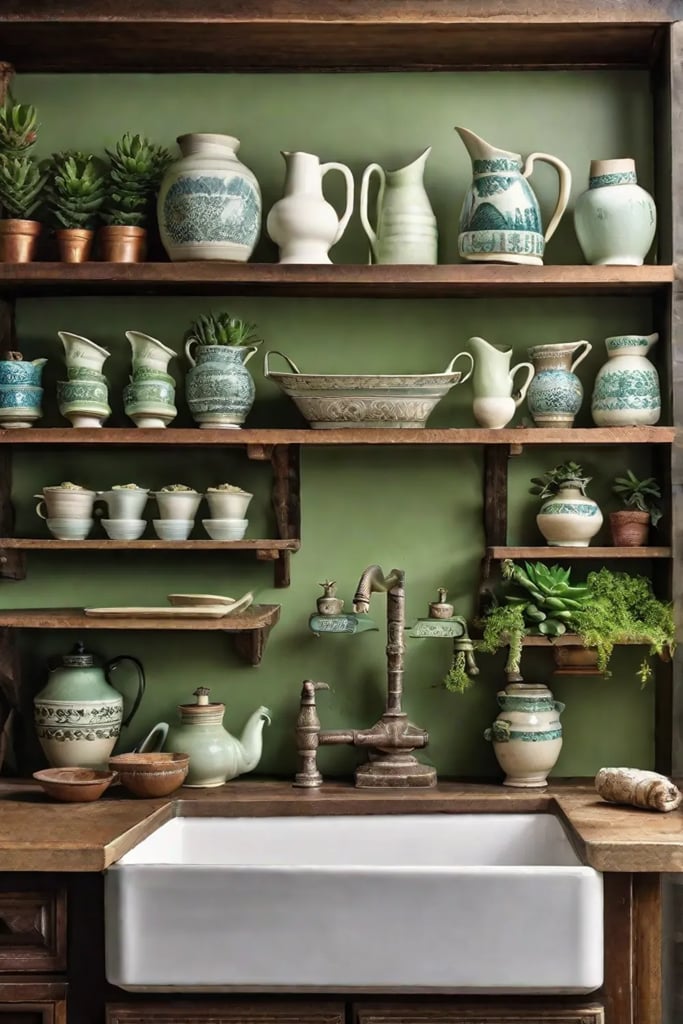 A delicately arranged shelf above the kitchen sink holding a collection of