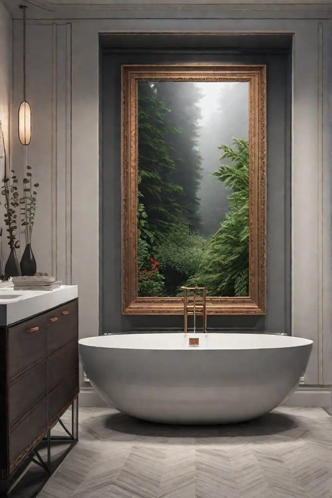 A detail shot of a bathroom gallery wall with an eclectic mix