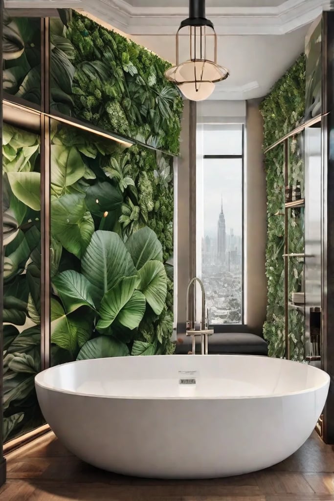 A detailed shot of a bathroom adorned with botanicalthemed waterproof wallpaper featuring