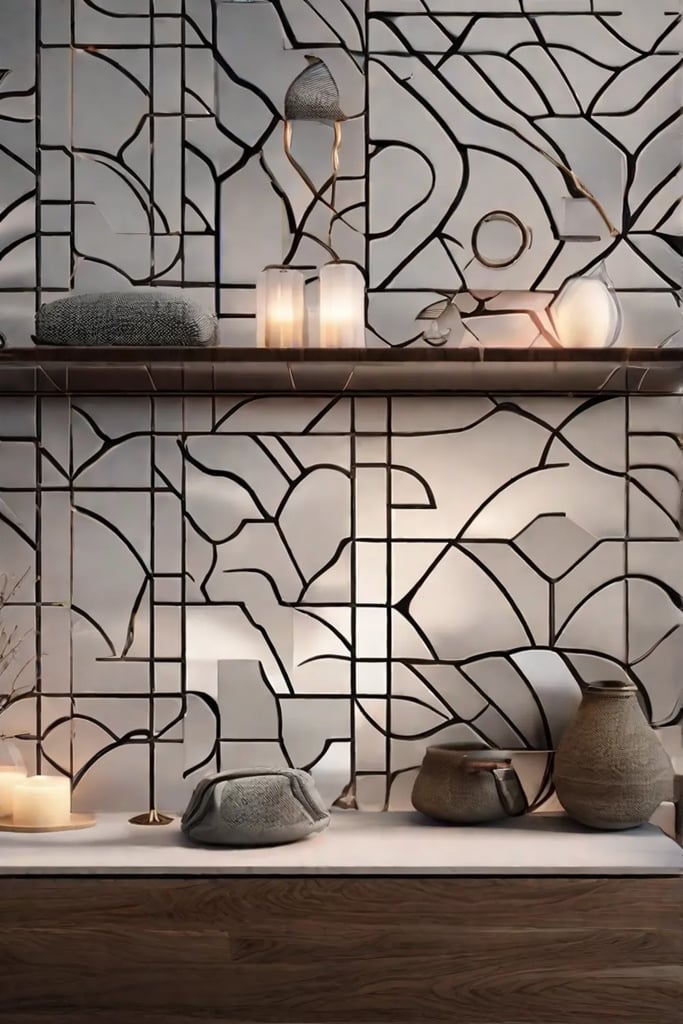 A detailed view of handcrafted ceramic tiles with unique patterns arranged in