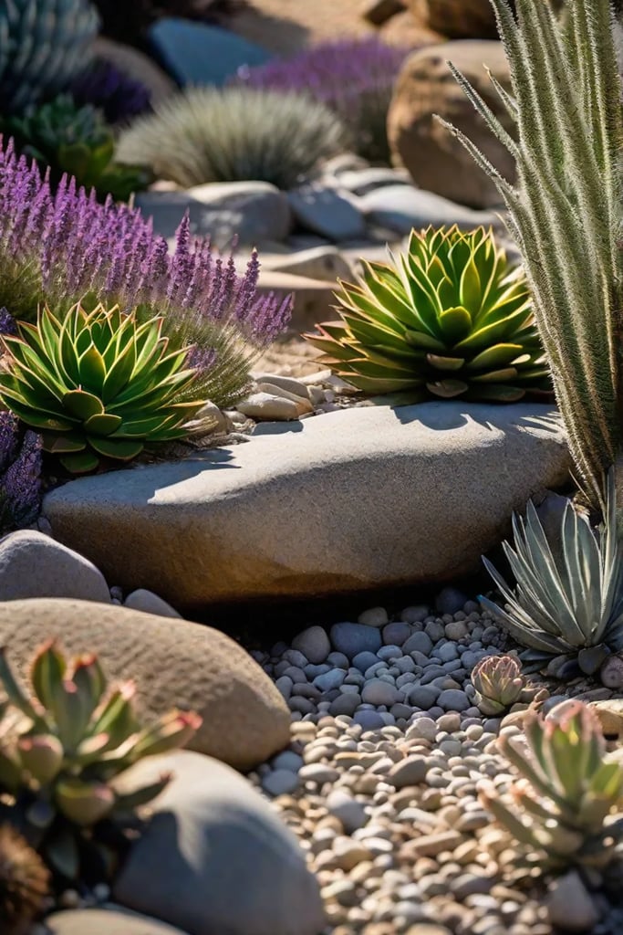 A droughtresistant landscape with succulents lavender and Russian sage artfully arranged among_resized