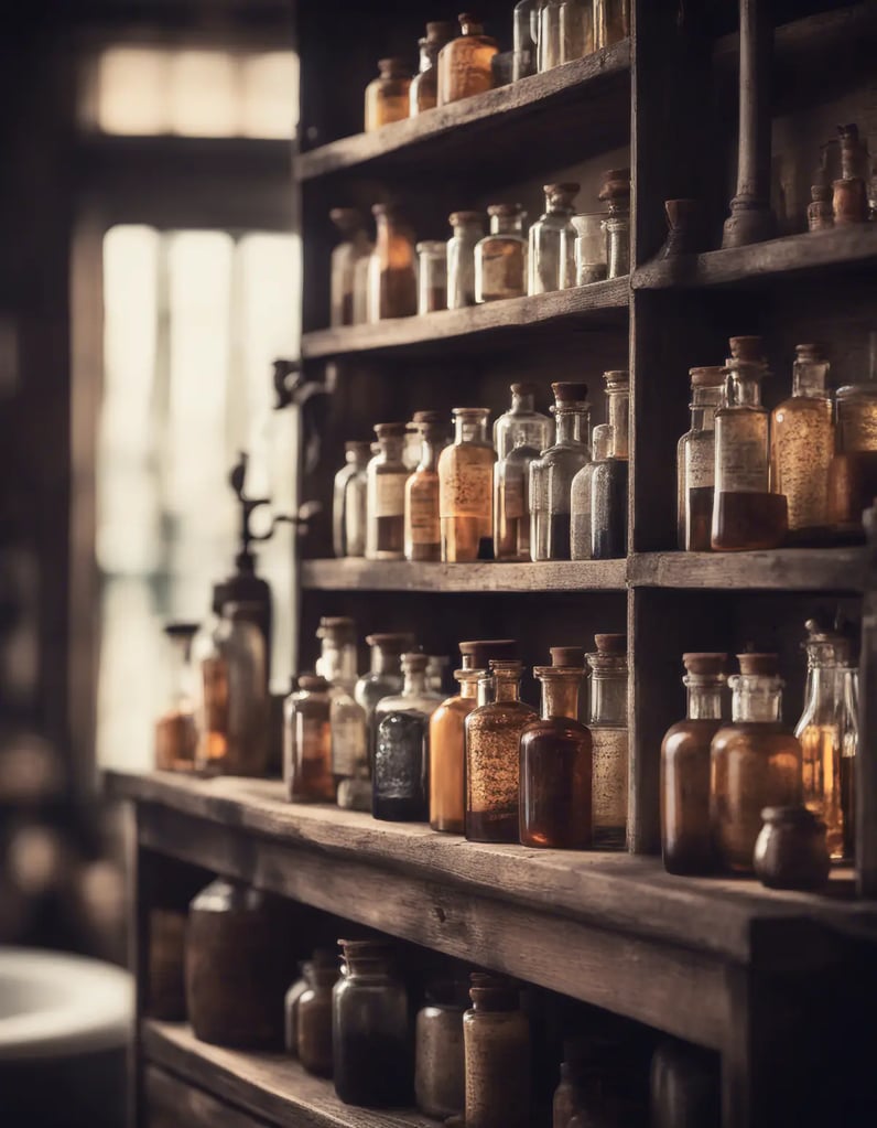 A high definition photo of a bathroom with a vibrant collection of vintage apothecary bottles arrang