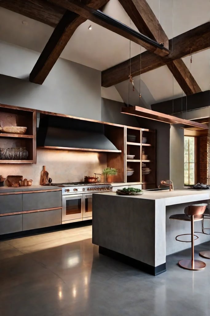 A kitchen featuring a harmonious blend of materials a polished concrete floor