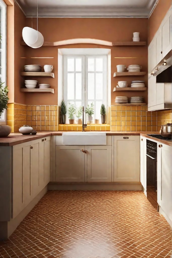 A kitchen painted in warm shades of terracotta and cream with a