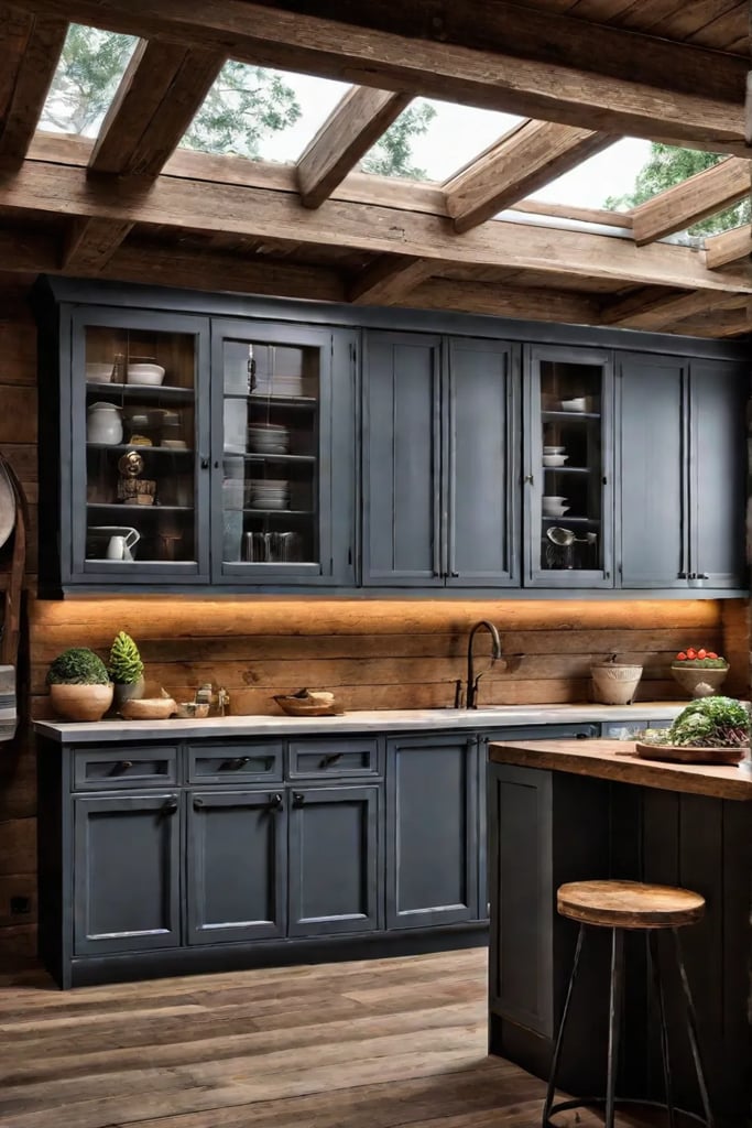 A kitchen with a combination of reclaimed wood painted cabinets and metal
