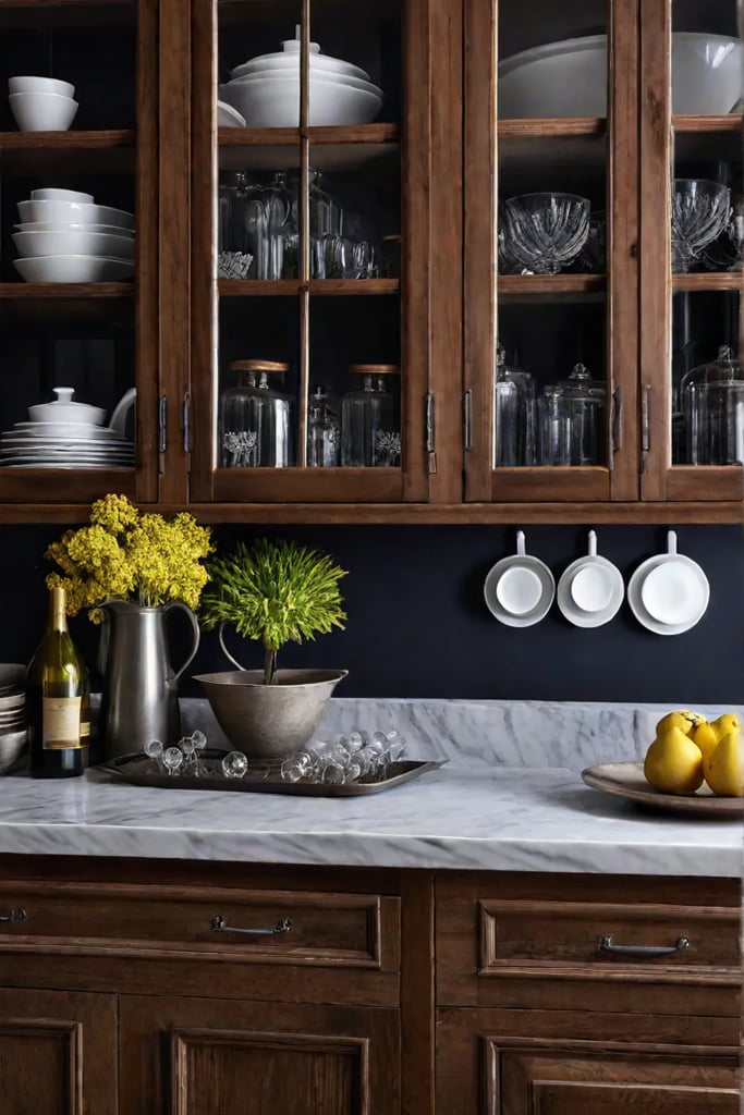 A kitchen with glassfront cabinets showcasing the contents and adding a touch