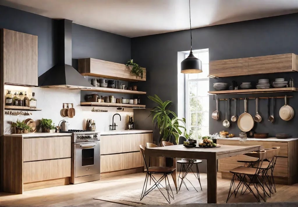 A kitchen with various storage solutions including wallmounted shelves hanging racks andfeat