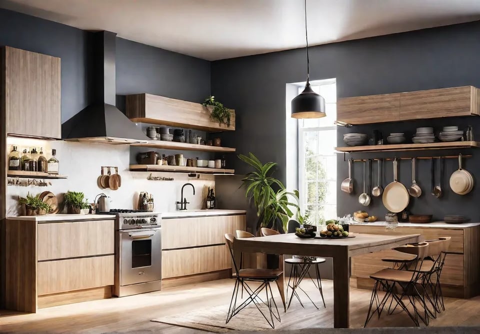 A kitchen with various storage solutions including wallmounted shelves hanging racks andfeat