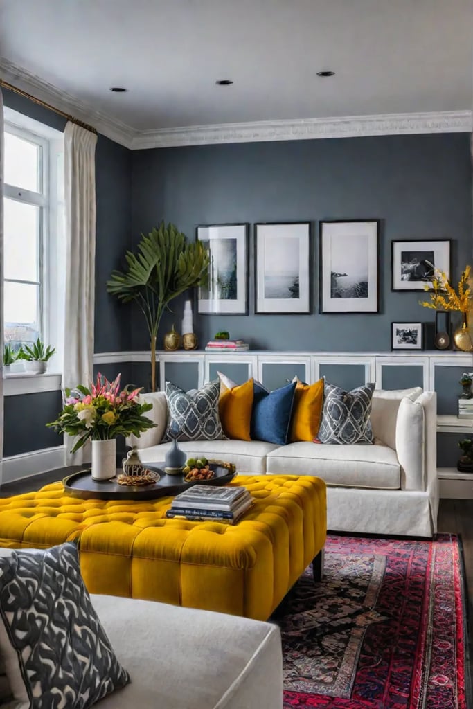 A lively living room with a vibrant color palette a mix of