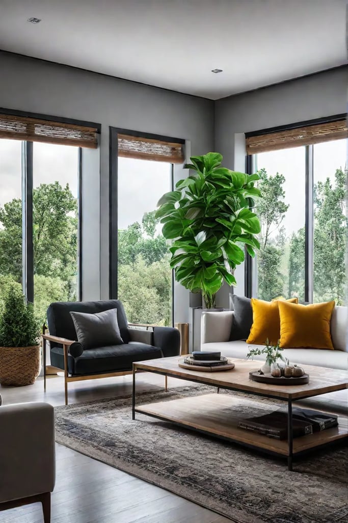A living room filled with verdant plants natural wood and rattan furniture