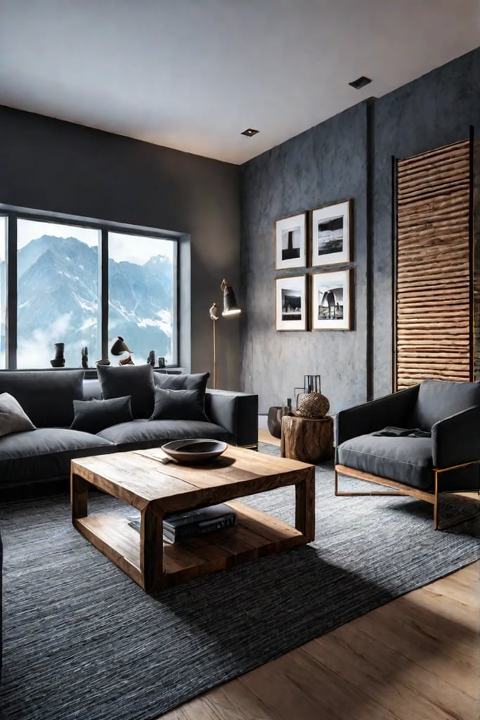 A living room gallery wall that embraces a rustic aesthetic with a