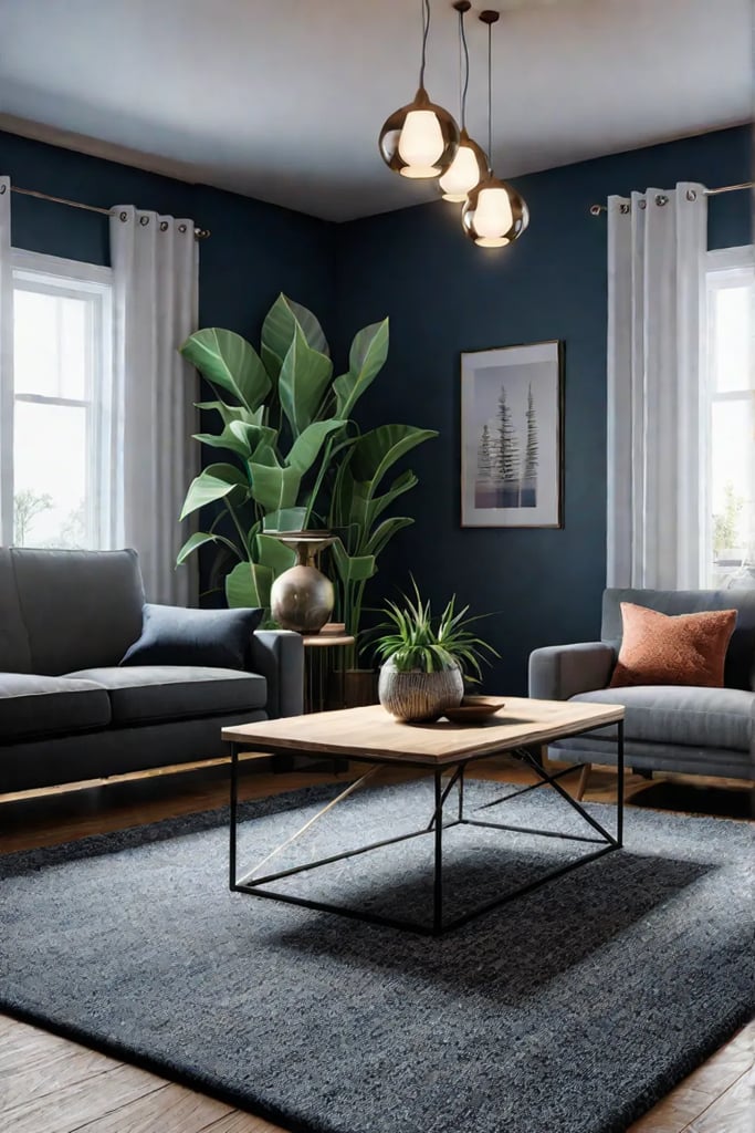 A living room that combines a statement light fixture a bold accent