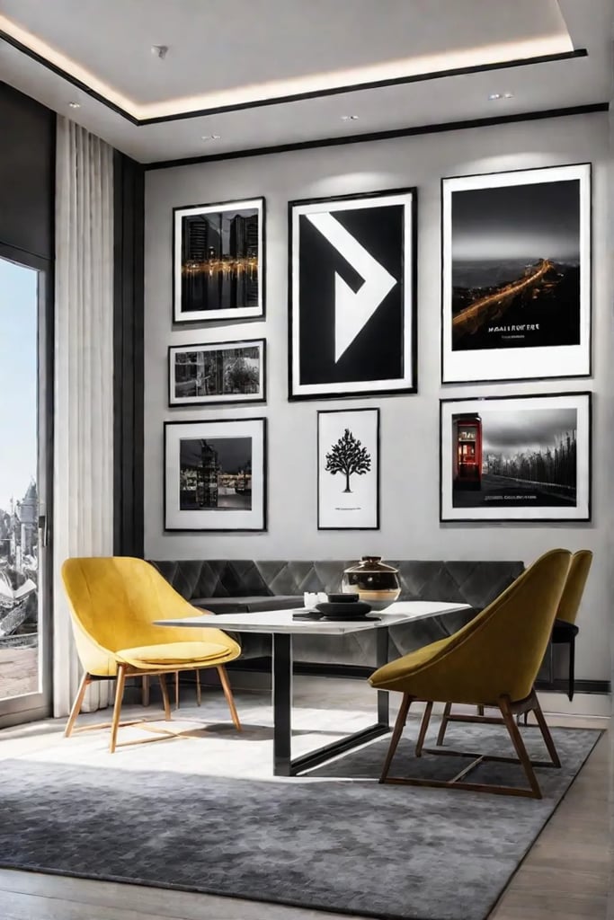 A living room wall decorated with an eclectic display of framed artwork